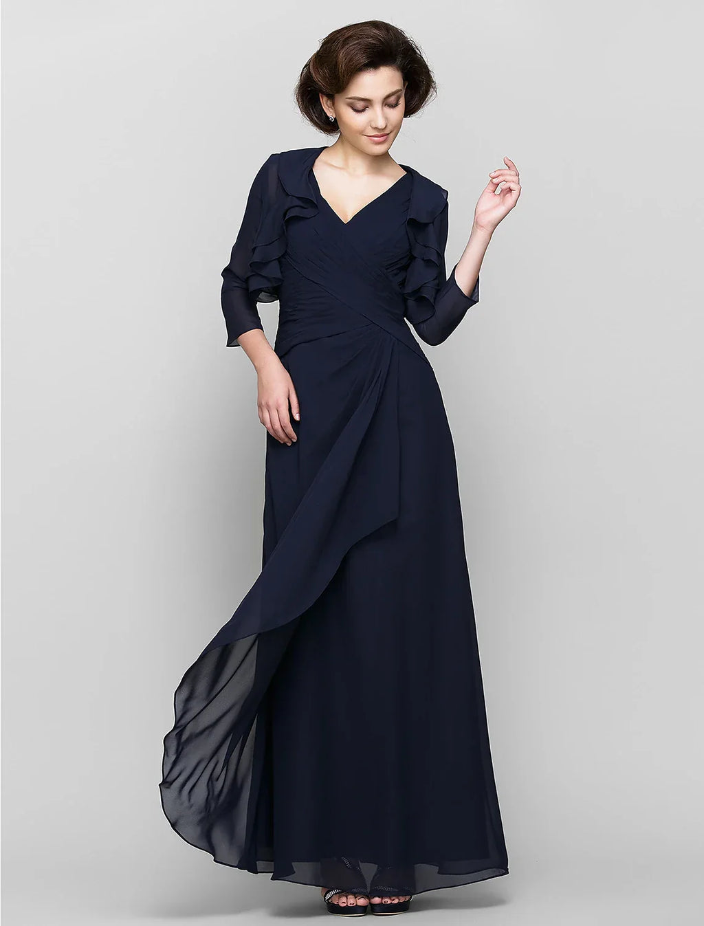 Sheath / Column Mother of the Bride Dress Convertible Dress V Neck Floor Length 3/4 Length Sleeve with Criss Cross Cascading Ruffles