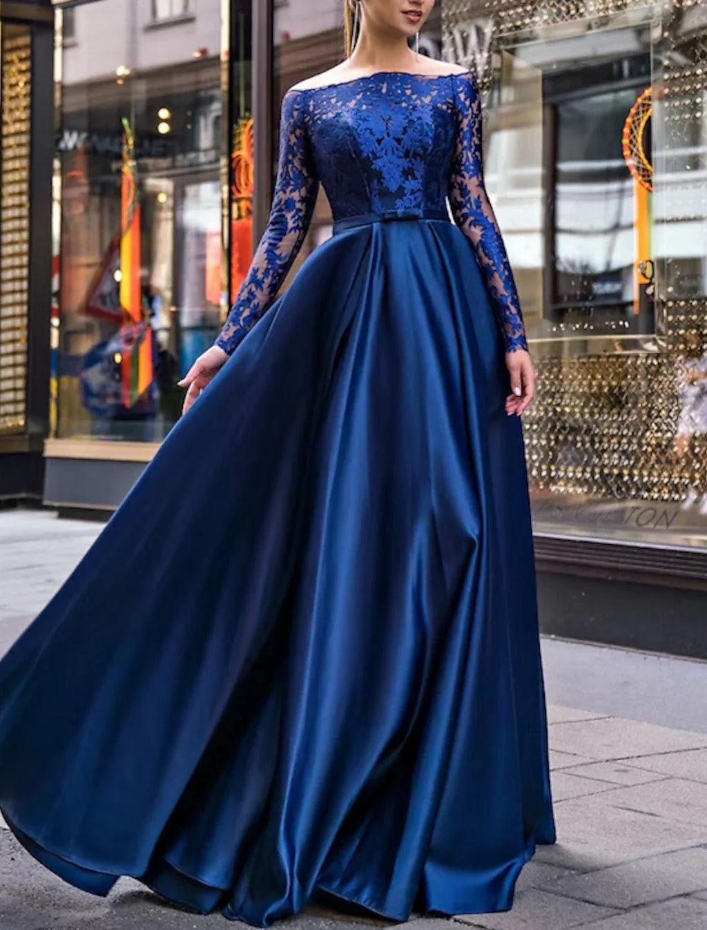 Green Evening Gown Party Dress Christmas Red Dress Elegant Dress Wedding Guest Fall Floor Length Long Sleeve Off Shoulder Belt / Sash with Appliques