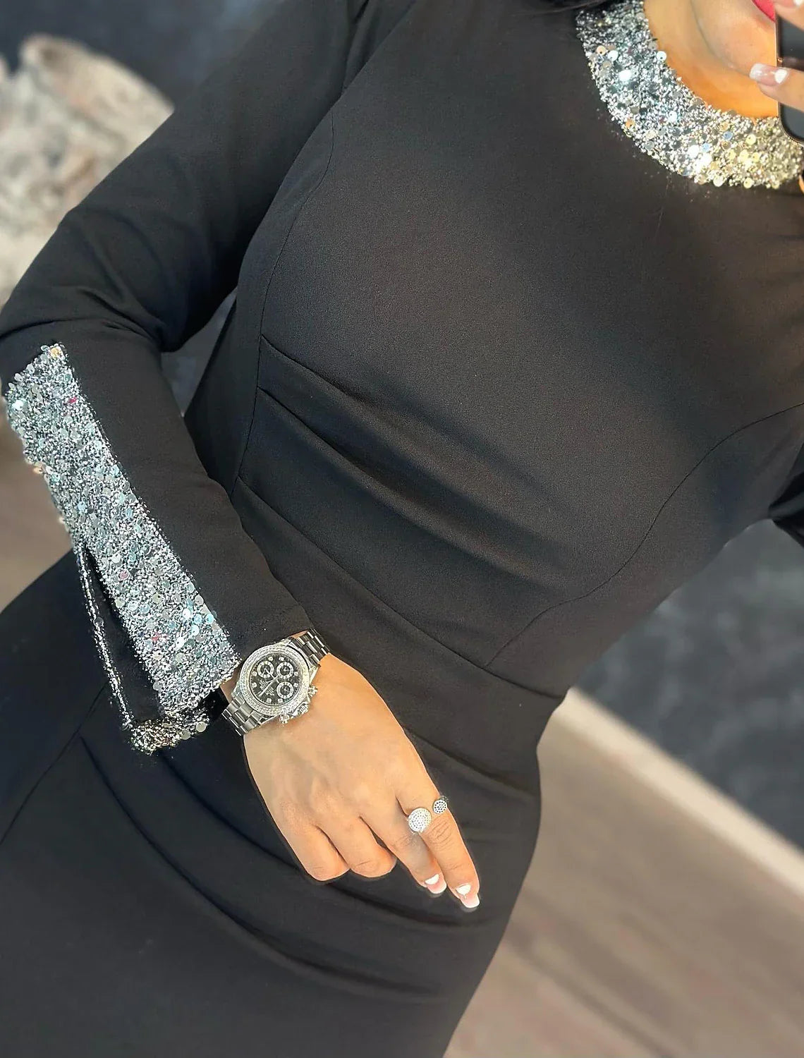 Black Mermaid Dress Plus Size Evening Gown Glittering Dress Formal Wedding Guest Floor Length Long Sleeve High Neck Fabric