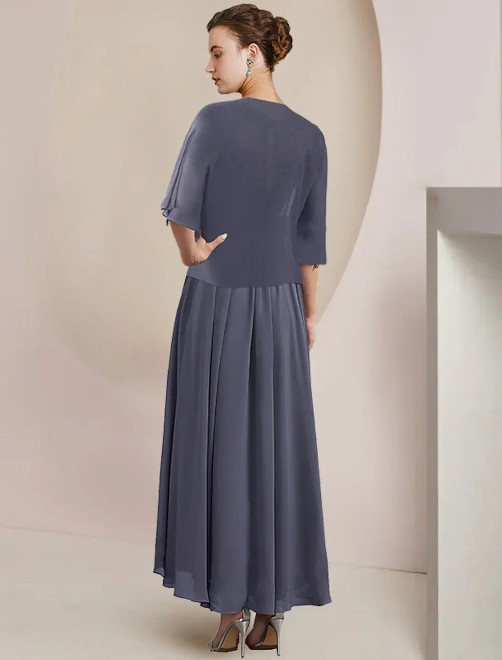 Two Piece A-Line Mother of the Bride Dress Formal Wedding Guest Elegant Scoop Neck Tea Length 3/4 Length Sleeve Wrap Included with Appliques Ruching