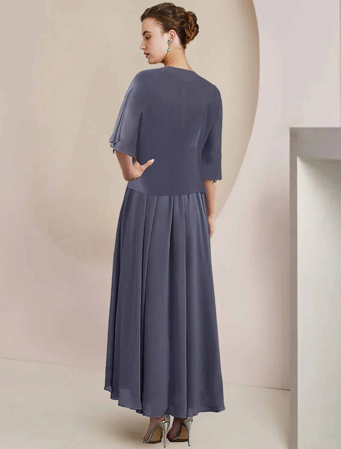 Two Piece A-Line Mother of the Bride Dress Formal Wedding Guest Elegant Scoop Neck Tea Length 3/4 Length Sleeve Wrap Included with Appliques Ruching
