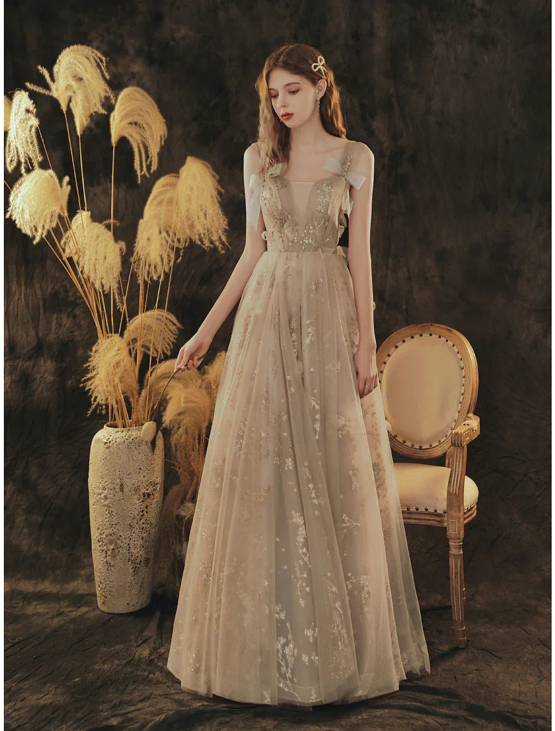 Engagement Formal Evening Dress Sleeveless Floor Length with Bow(s) Pleats