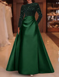 Green Evening Gown Elegant Dress Christmas Red Dress Wedding Guest Floor Length Long Sleeve Jewel Neck Pocket