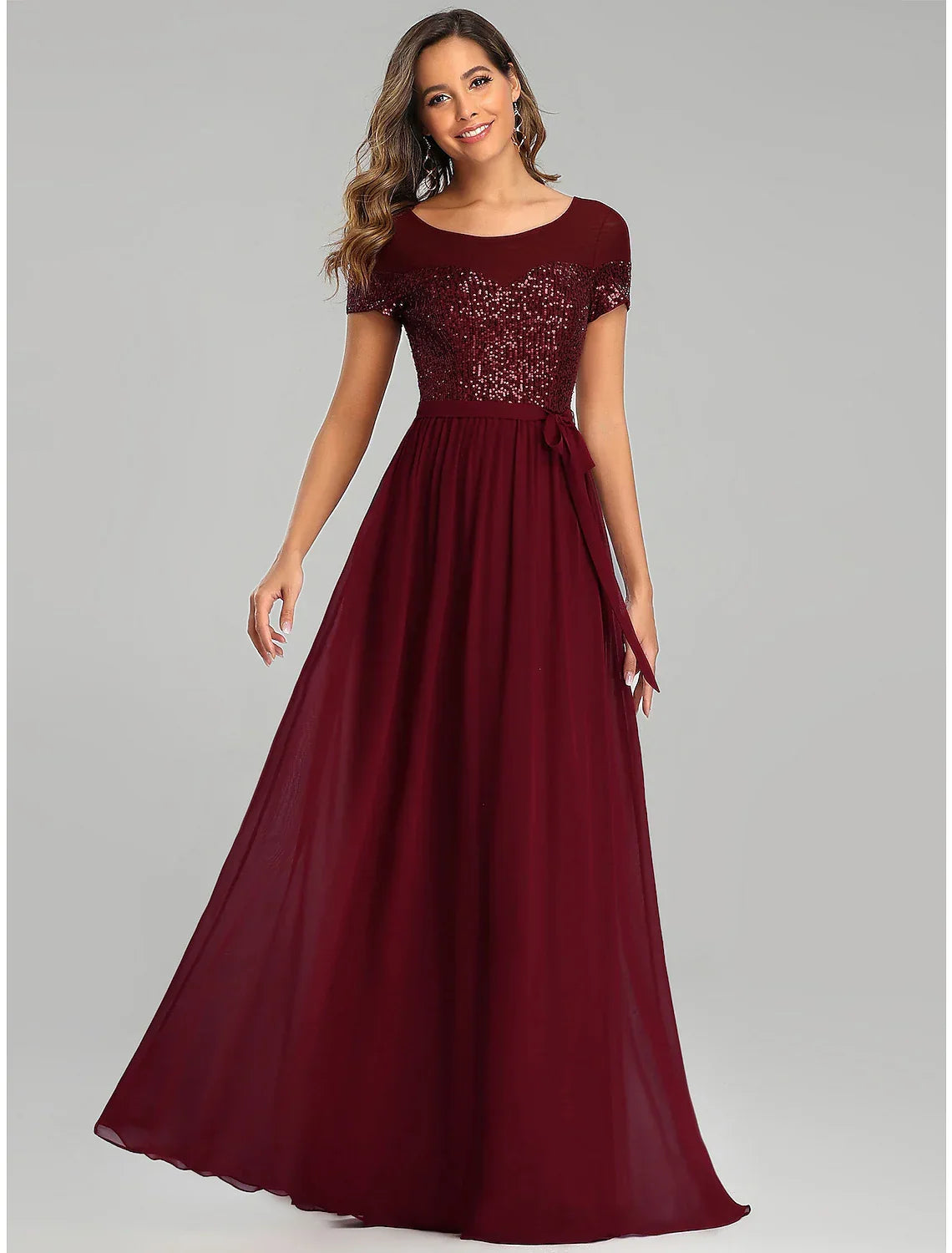 Bridesmaid Dress Short Sleeve Elegant Floor Length Sash Ribbon