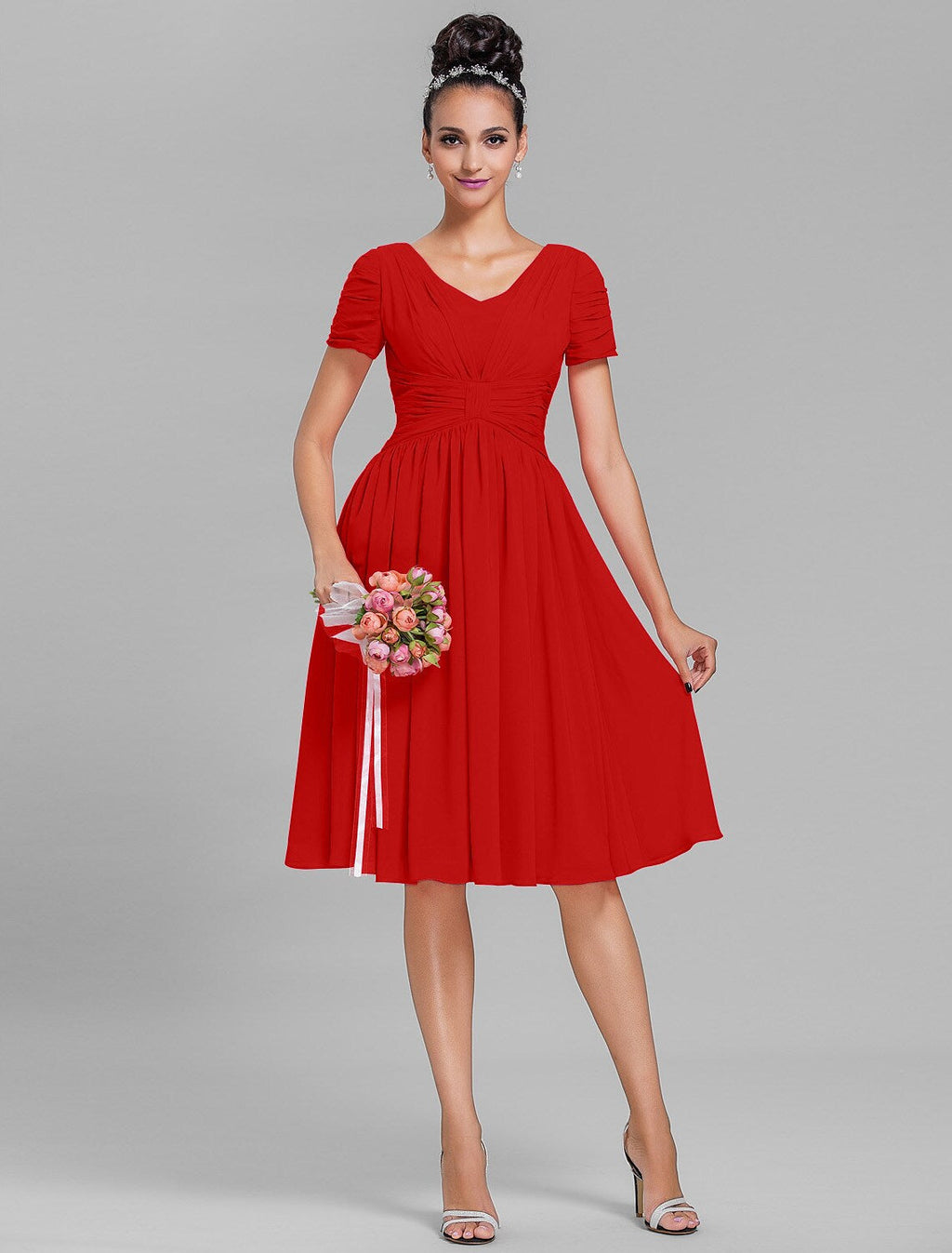 Bridesmaid Dress V Neck Short Sleeve Vintage Inspired Knee Length with Ruched Draping