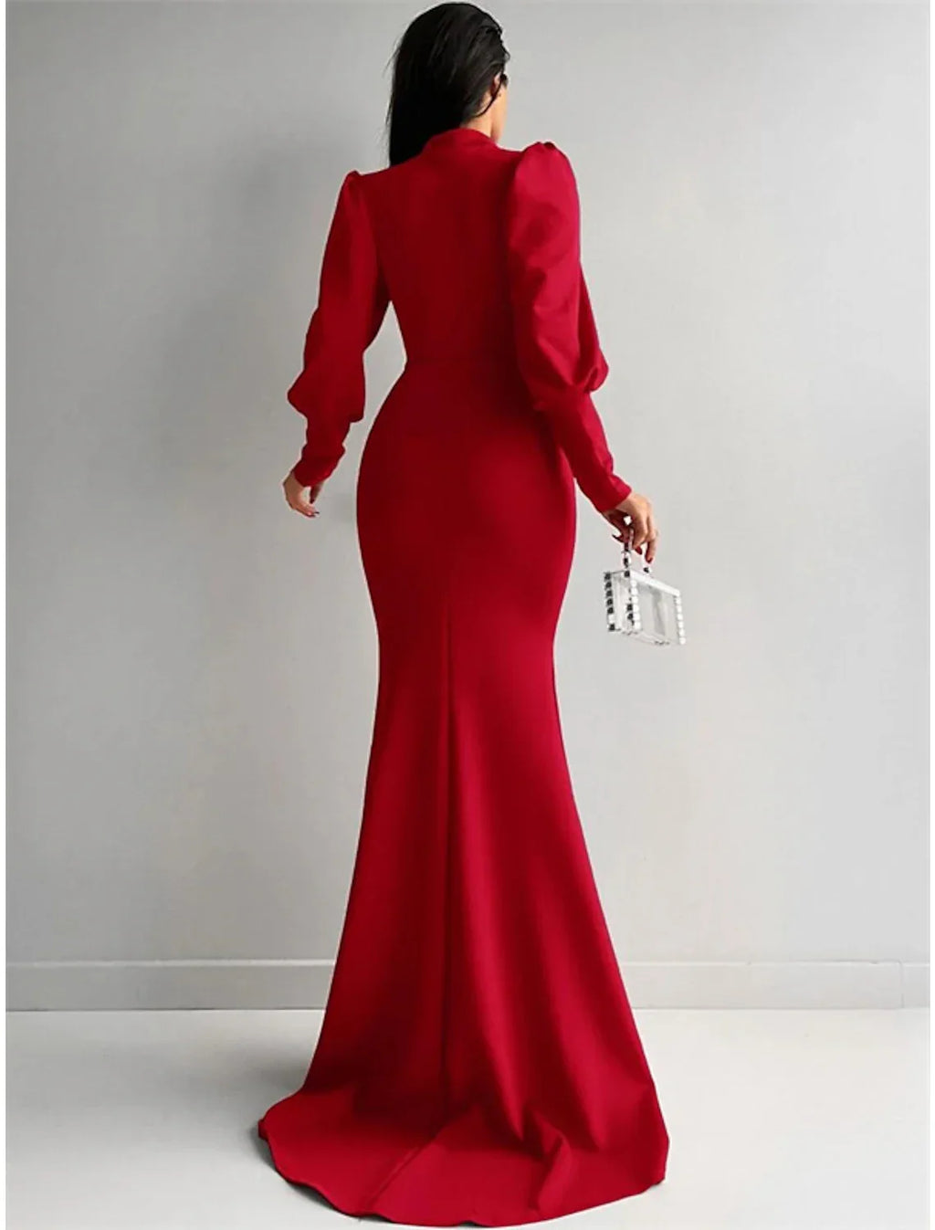 Green Mermaid Evening Gown Elegant Dress Formal Christmas Red Dress Sweep / Brush Train Long Sleeve High Neck with Ruched