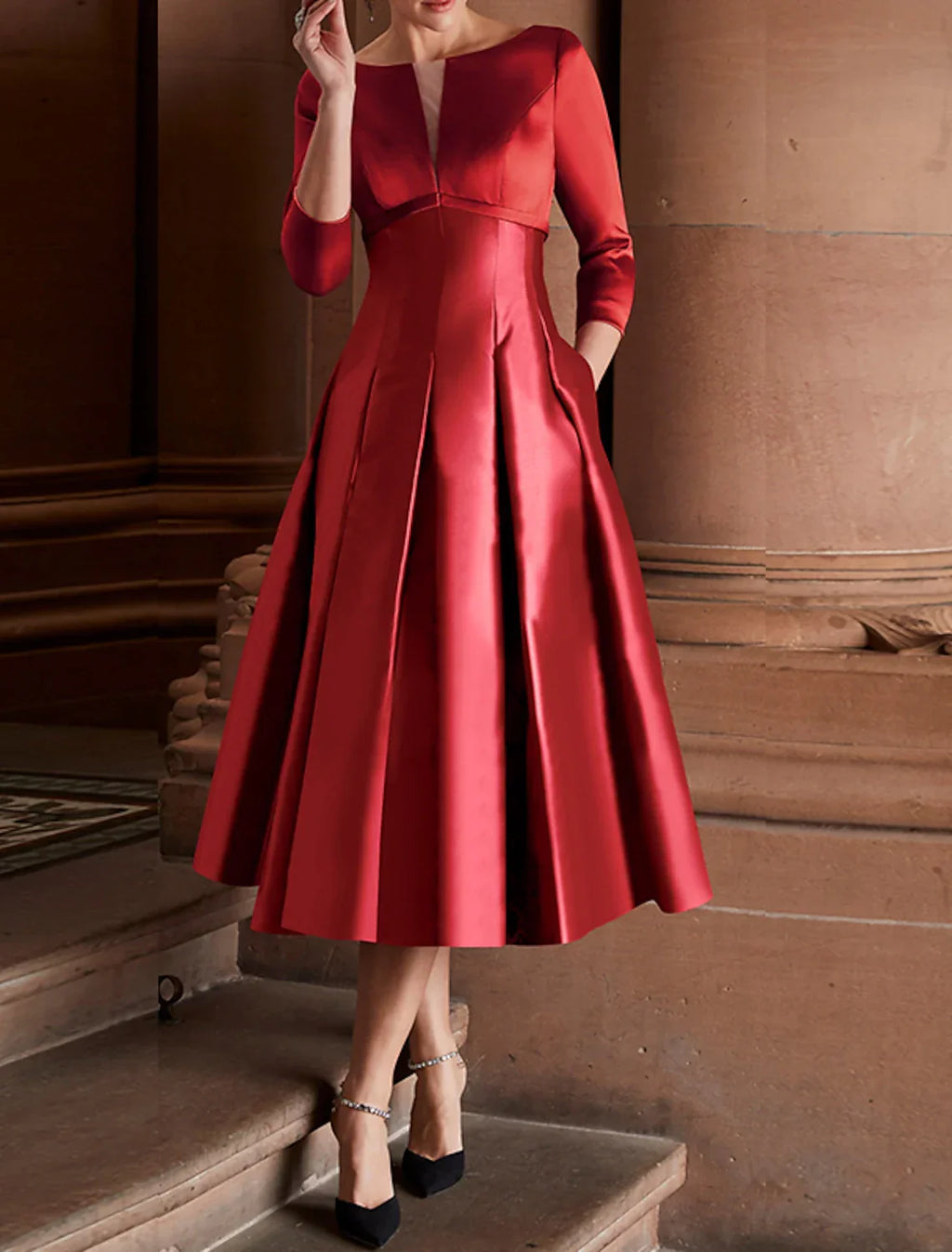 Green Cocktail Dresses Minimalist Dress Christmas Red Dress Wedding Guest Tea Length 3/4 Length Sleeve Jewel Neck Fall Wedding Guest with Pleats