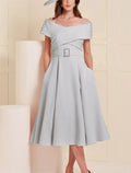 Mother of the Bride Dress Wedding Guest Elegant Off Shoulder Tea Length Fabric Short Sleeve with Sash / Ribbon Beading Solid Color