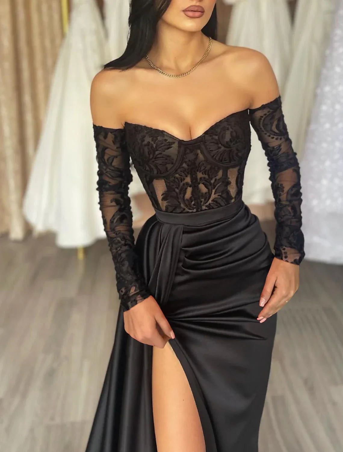 Black Mermaid Dress Evening Gown See Through Dress Formal Masquerade Floor Length Long Sleeve Off Shoulder Fall Wedding Reception with Appliques