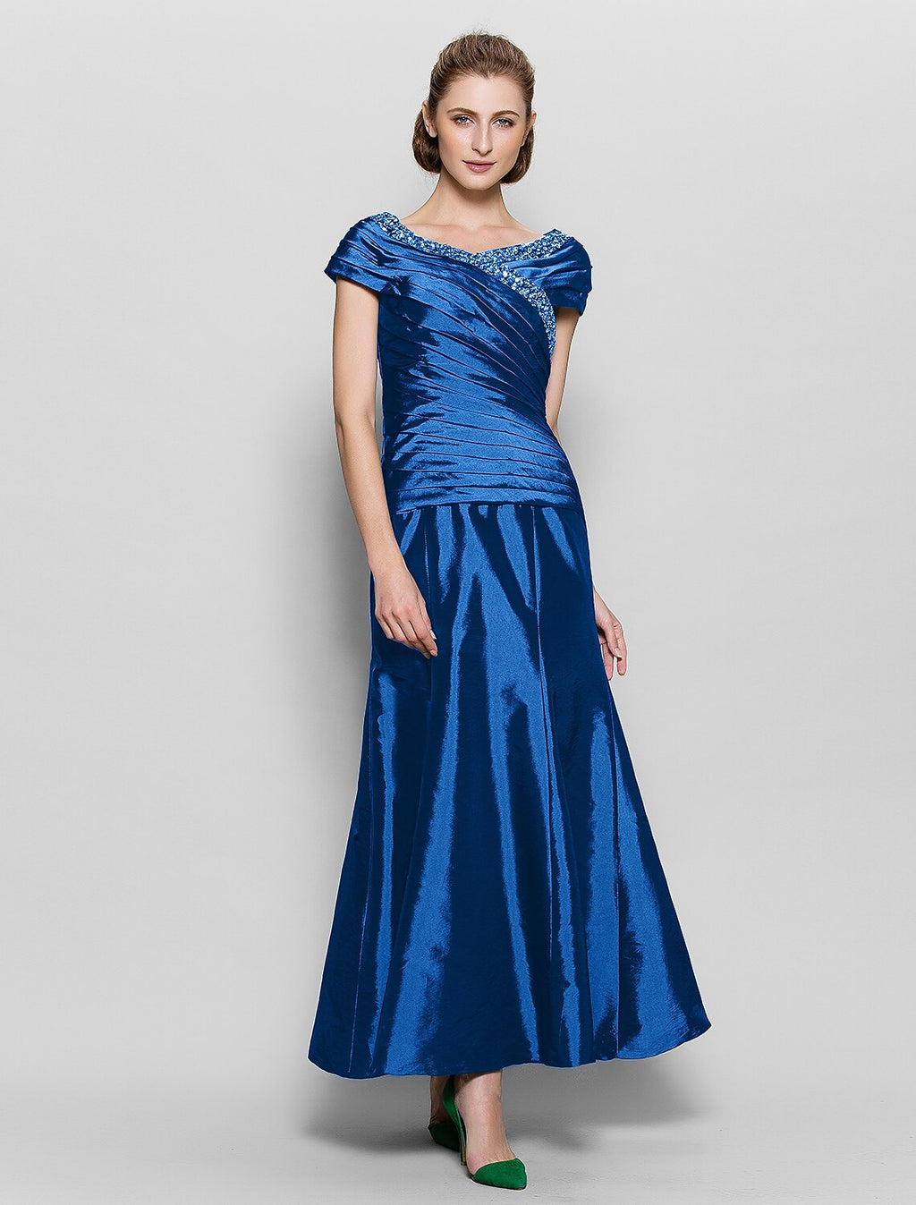 Mother of the Bride Dress Vintage Inspired V Neck Ankle Length Short Sleeve with Beading Side Draping