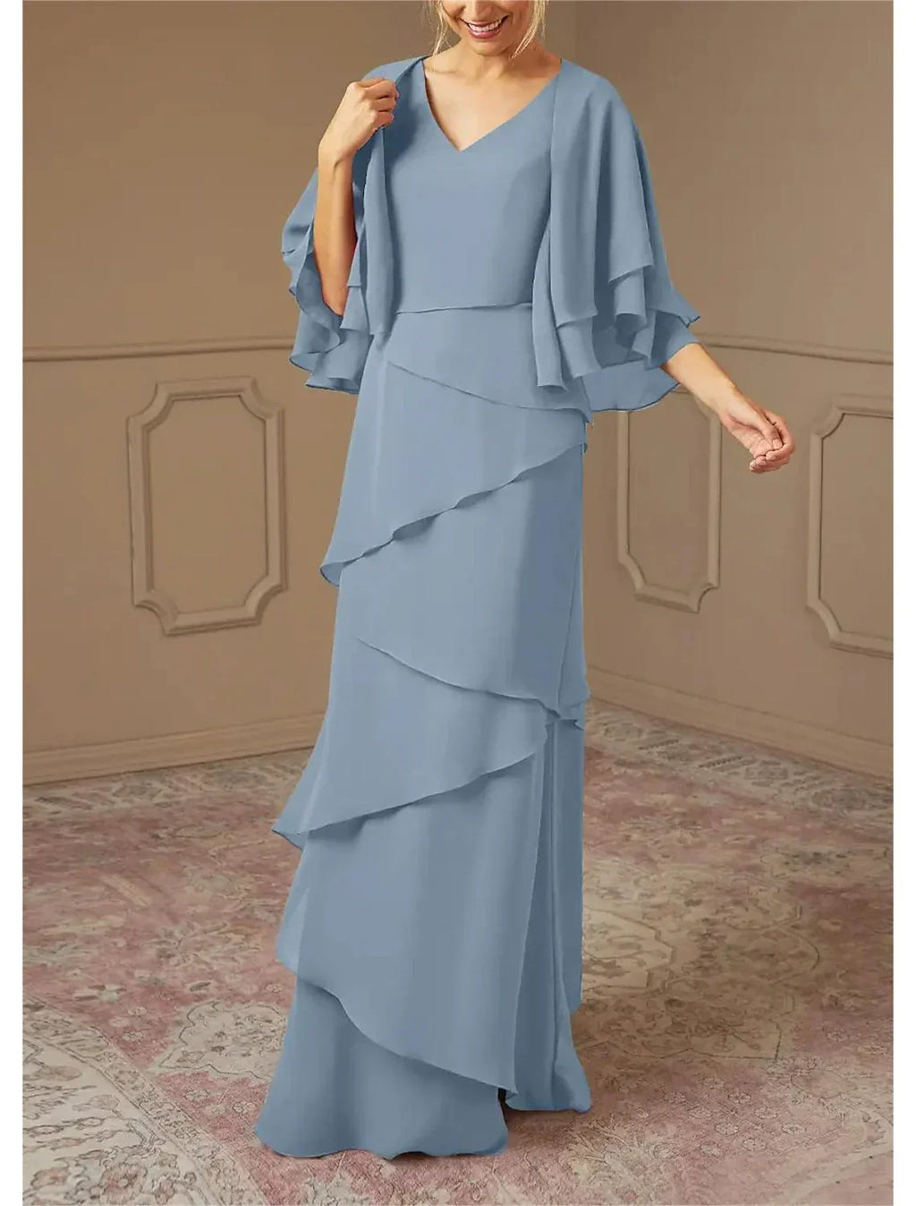 Mother of the Bride Dress Formal Wedding Guest Elegant V Neck Floor Length Half Sleeve Wrap Included with Cascading Ruffles Solid Color