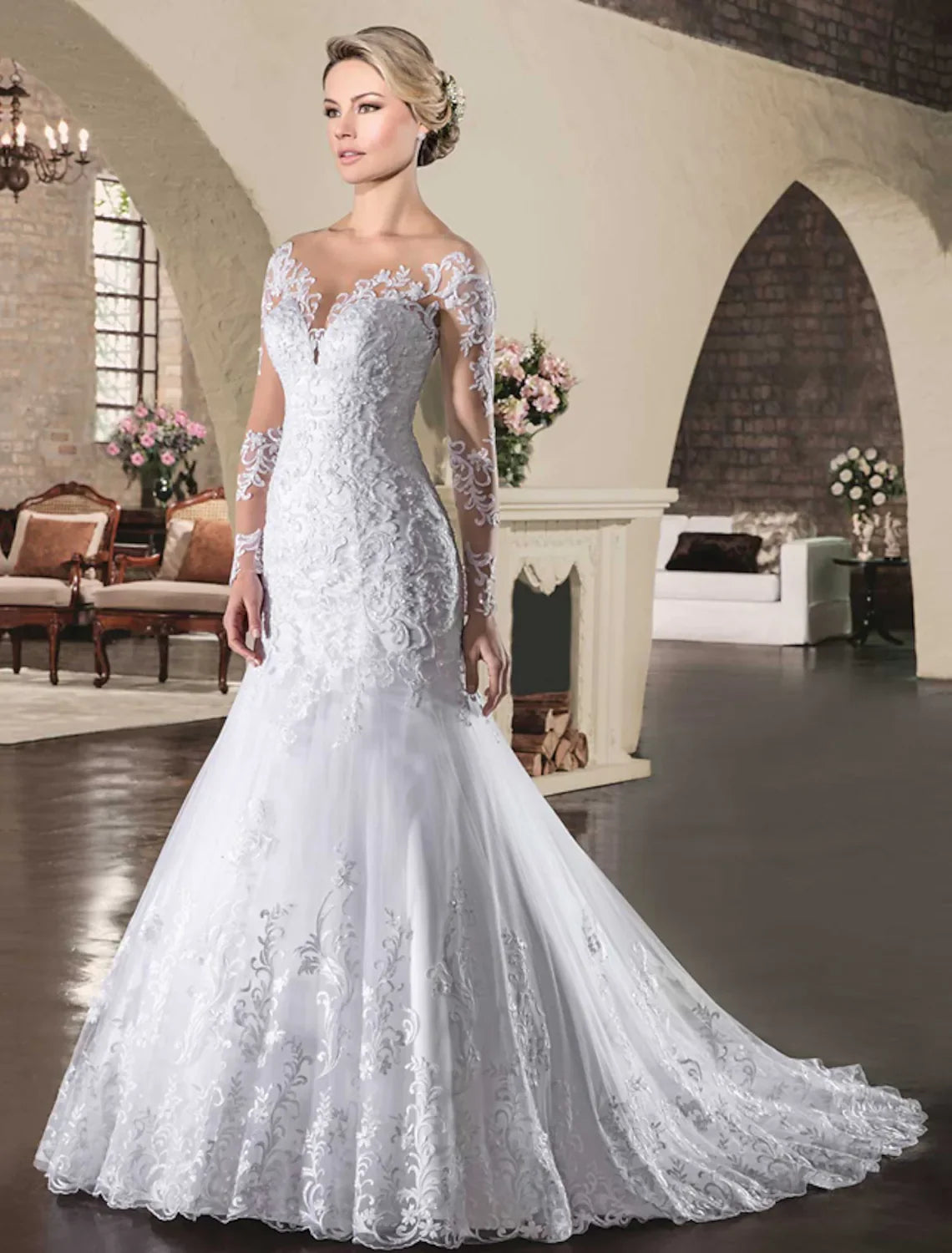 Engagement Open Back Formal Wedding Dresses Long Sleeve