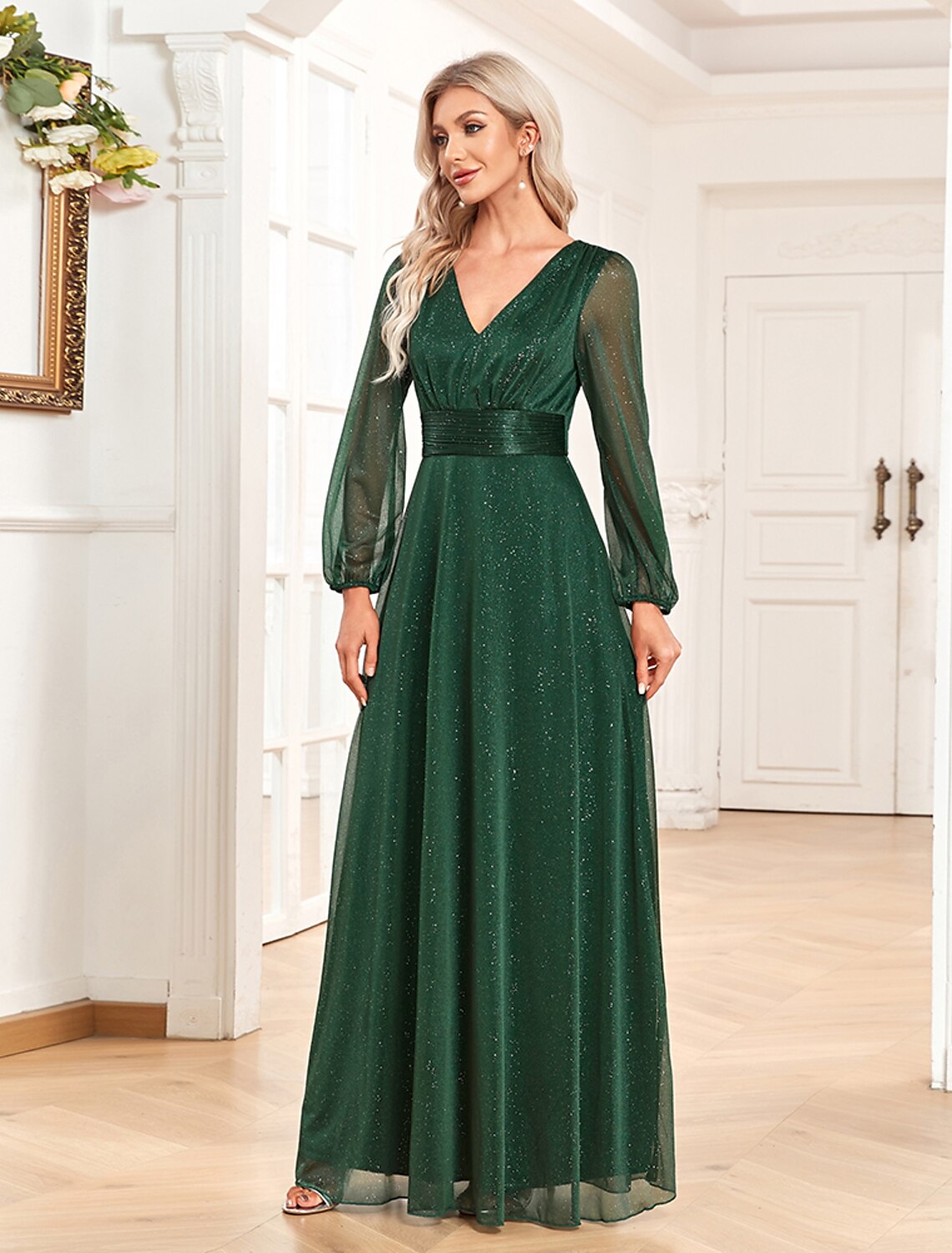 Evening Gown Sparkle & Shine Dress Formal Wedding Party Dress Floor Length Long Sleeve V Neck