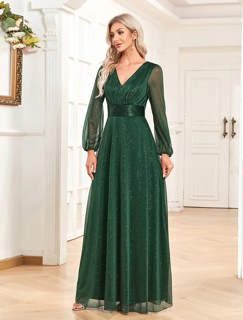 Evening Gown Elegant Dress Formal Floor Length Long Sleeve V Neck