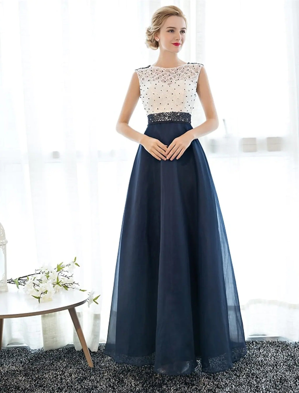 Beaded Prom Formal Evening Dress Sleeveless Floor Length Over Beading