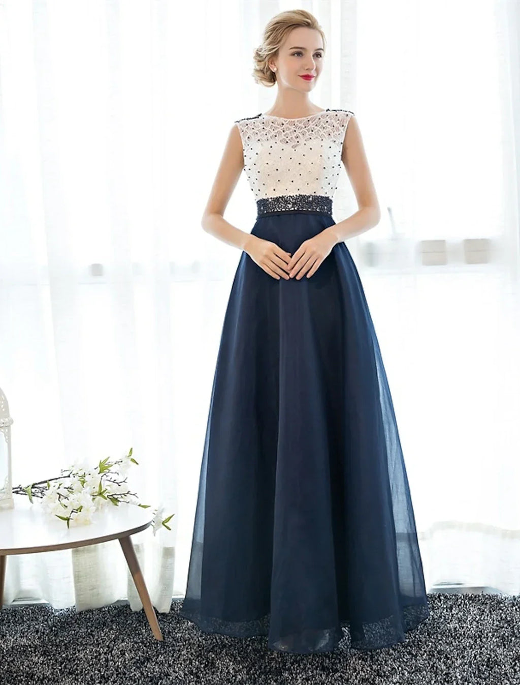 Back Elegant Beaded & Prom Formal Evening Dress Illusion Neck Sleeveless Floor Length Over with Beading