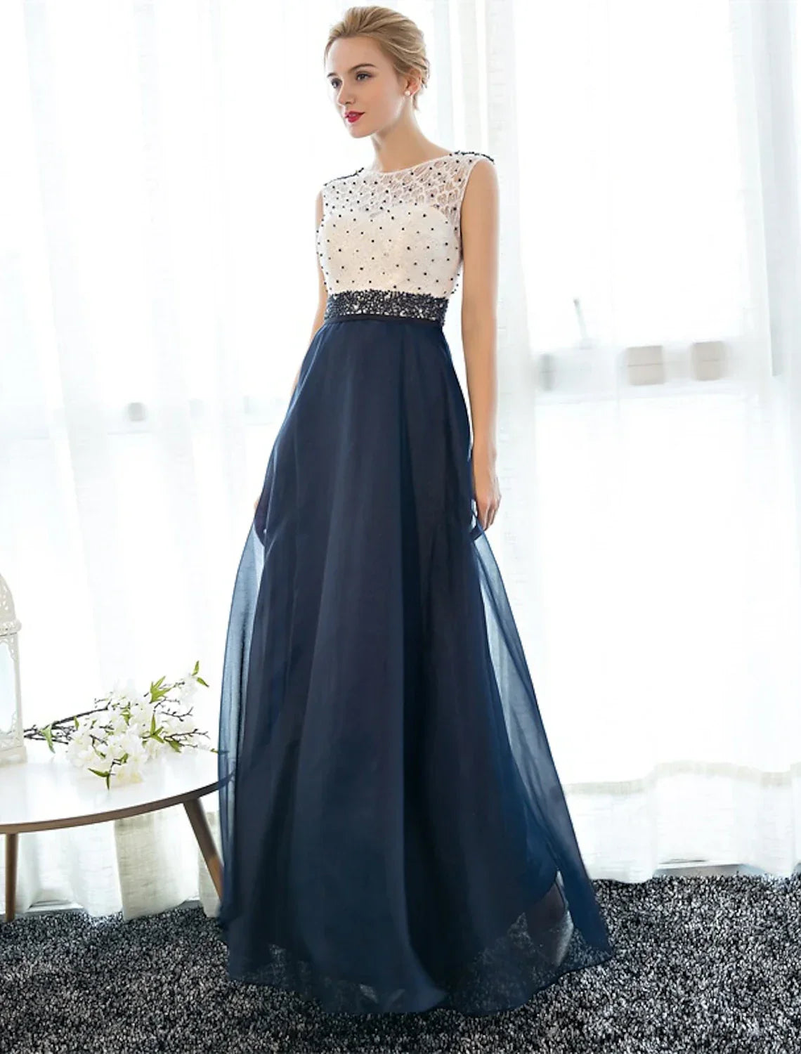 Back Elegant Beaded & Prom Formal Evening Dress Illusion Neck Sleeveless Floor Length Over with Beading