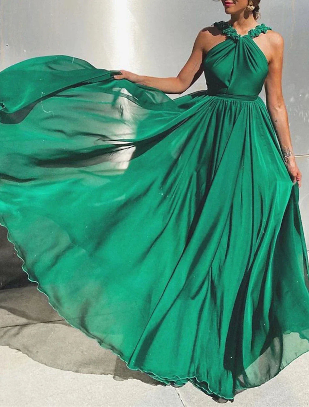 Ball Gown Wedding Guest Dresses Open Back Dress Wedding Guest Prom Sweep / Brush Train Sleeveless Halter Neck with Pleats
