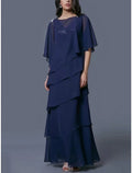 Sheath / Column Mother of the Bride Dress Wedding Guest Elegant Scoop Neck Ankle Length Half Sleeve with Tier