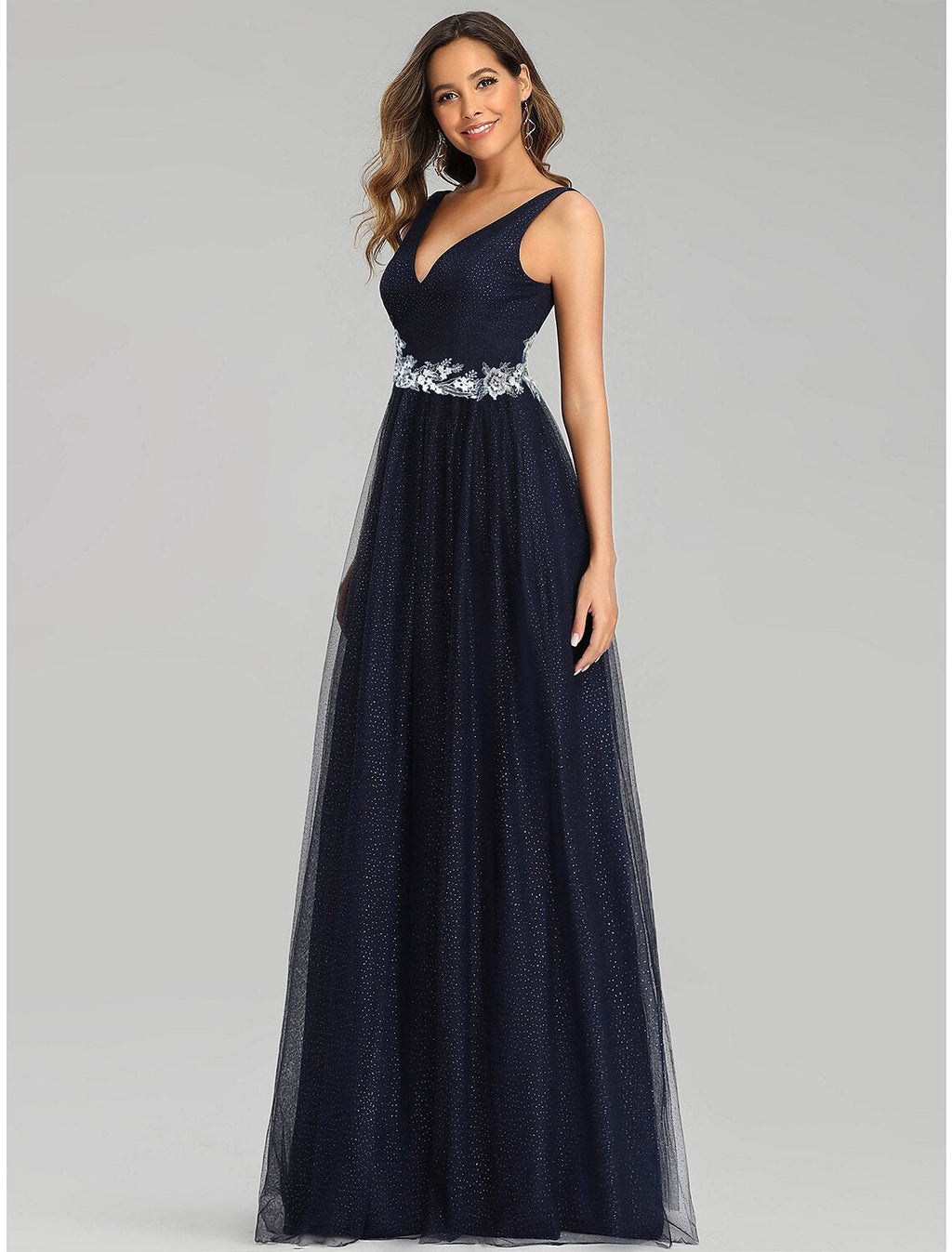 Empire Dress Wedding Guest Floor Length Sleeveless V Neck with Appliques