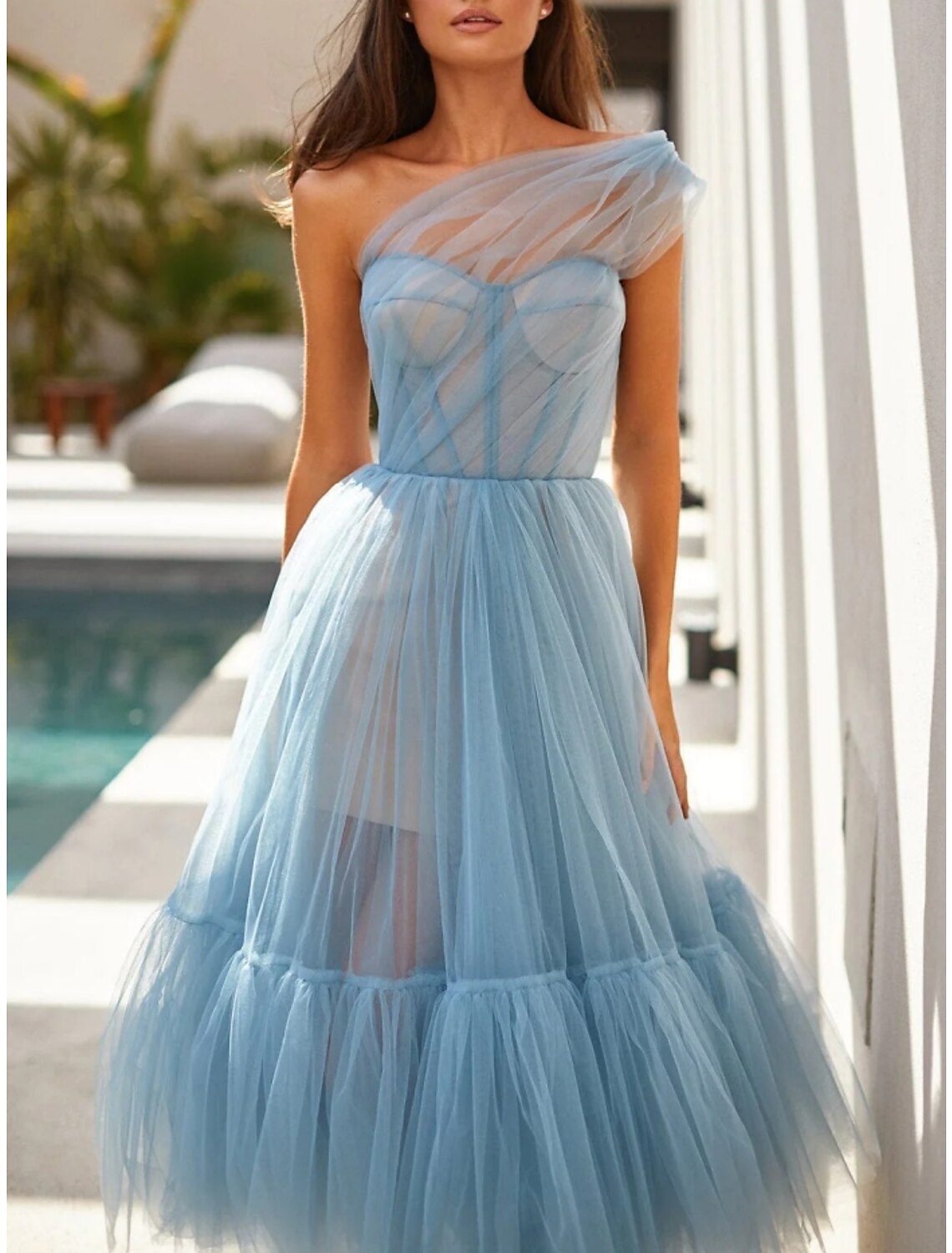 Formal Tea Length Sleeveless One Shoulder with Pleats