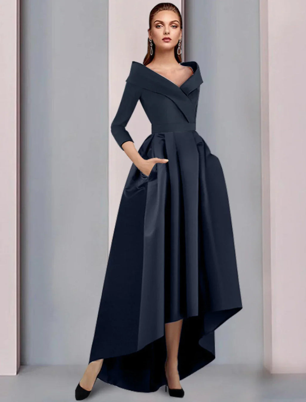 Mother of the Bride Dress Wedding Guest Elegant High Low Sweet Spaghetti Strap Asymmetrical Tea Length 3/4 Length Sleeve with Pleats Fall