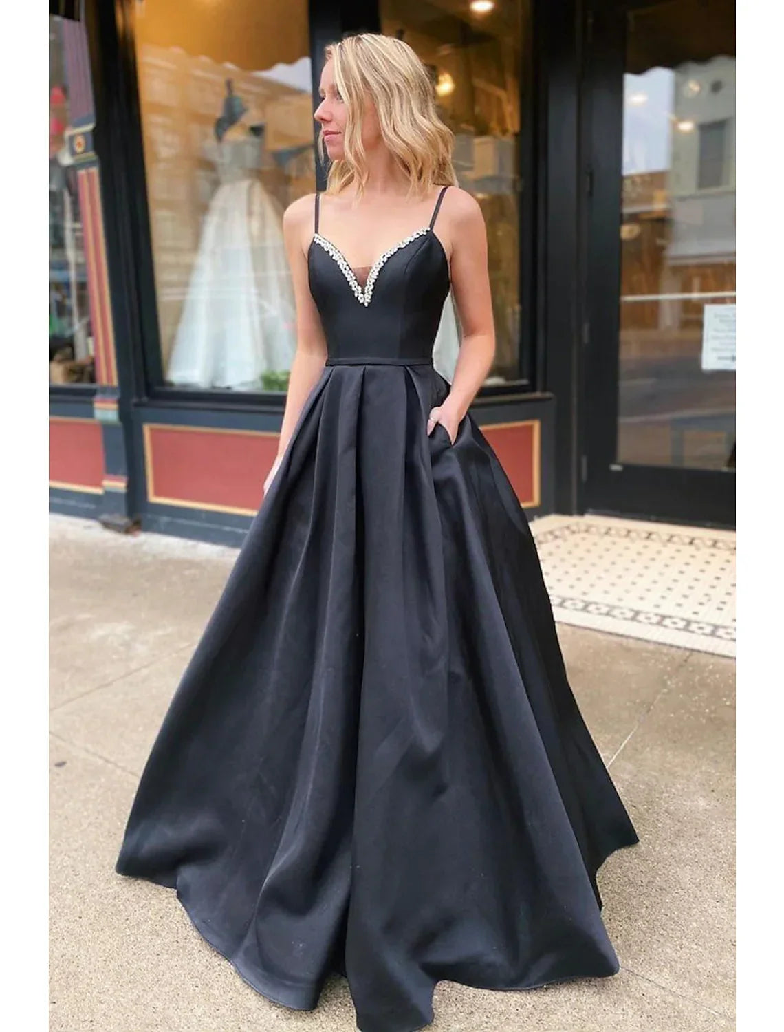 Open Back Dress Formal Floor Length Sleeveless V Neck Pocket Backless with Pleats Beading Pocket