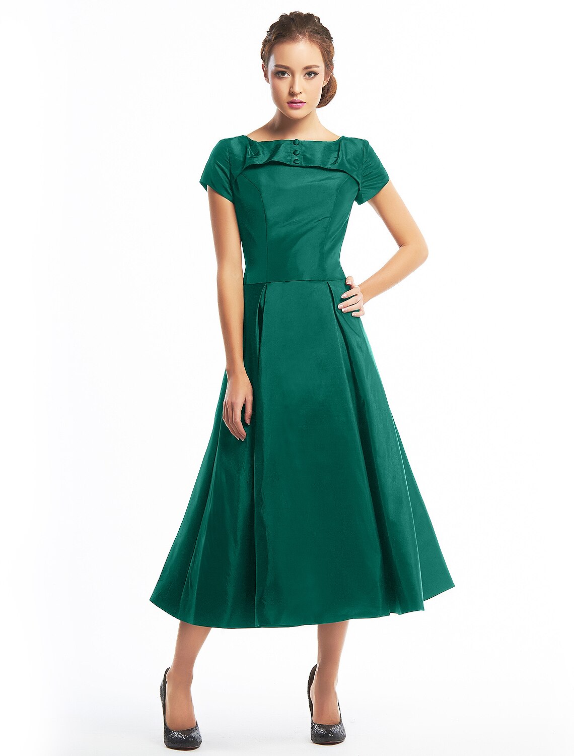 Vintage Dress Homecoming Tea Length Short Sleeve Boat Neck Taffeta with Buttons