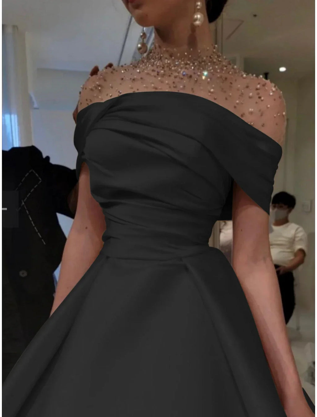 Green Evening Gown Elegant Dress Formal Christmas Red Dress Floor Length Short Sleeve Illusion Neck with Ruched Beading