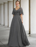 Mother of the Bride Dress Luxurious Elegant V Neck Floor Length Short Sleeve with Beading Appliques