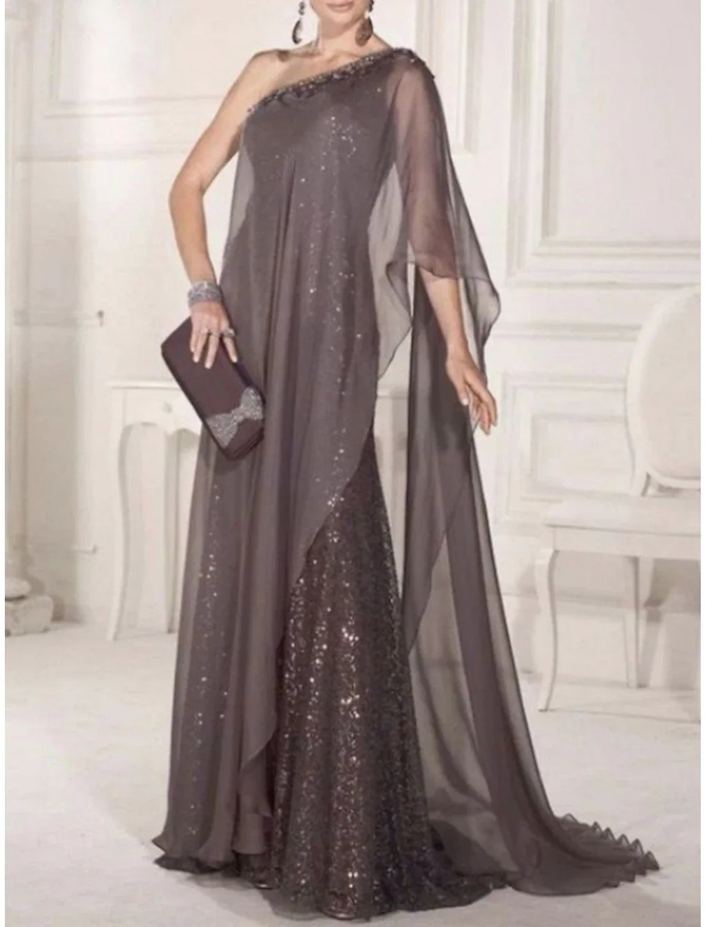Sheath / Column Mother of the Bride Dress Wedding Guest Party Sparkle & Shine Elegant One Shoulder Sweep / Brush Train Sleeveless with Pleats