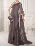 Sheath / Column Mother of the Bride Dress Wedding Guest Party Sparkle & Shine Elegant One Shoulder Sweep / Brush Train Sleeveless with Pleats