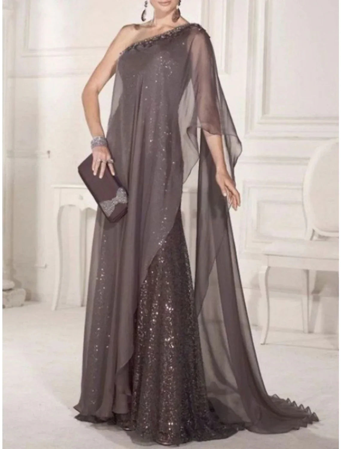 Sheath / Column Mother of the Bride Dress Wedding Guest Party Sparkle & Shine Elegant One Shoulder Sweep / Brush Train Sleeveless with Pleats