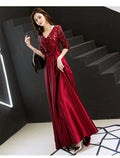 Sparkle Elegant Wedding Guest Prom Formal Evening Dress V Neck Half Sleeve Floor Length