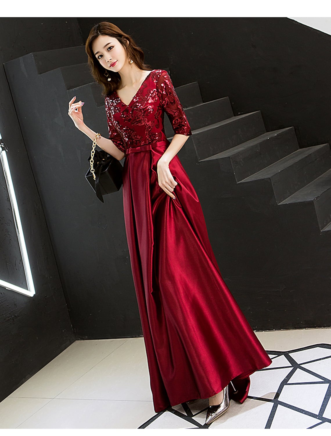 Sparkle Elegant Wedding Guest Prom Formal Evening Dress V Neck Half Sleeve Floor Length