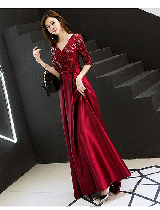 Elegant Red A-Line V-Neck Classic-Sleeve Classic-Back Floor-Length Prom Dress