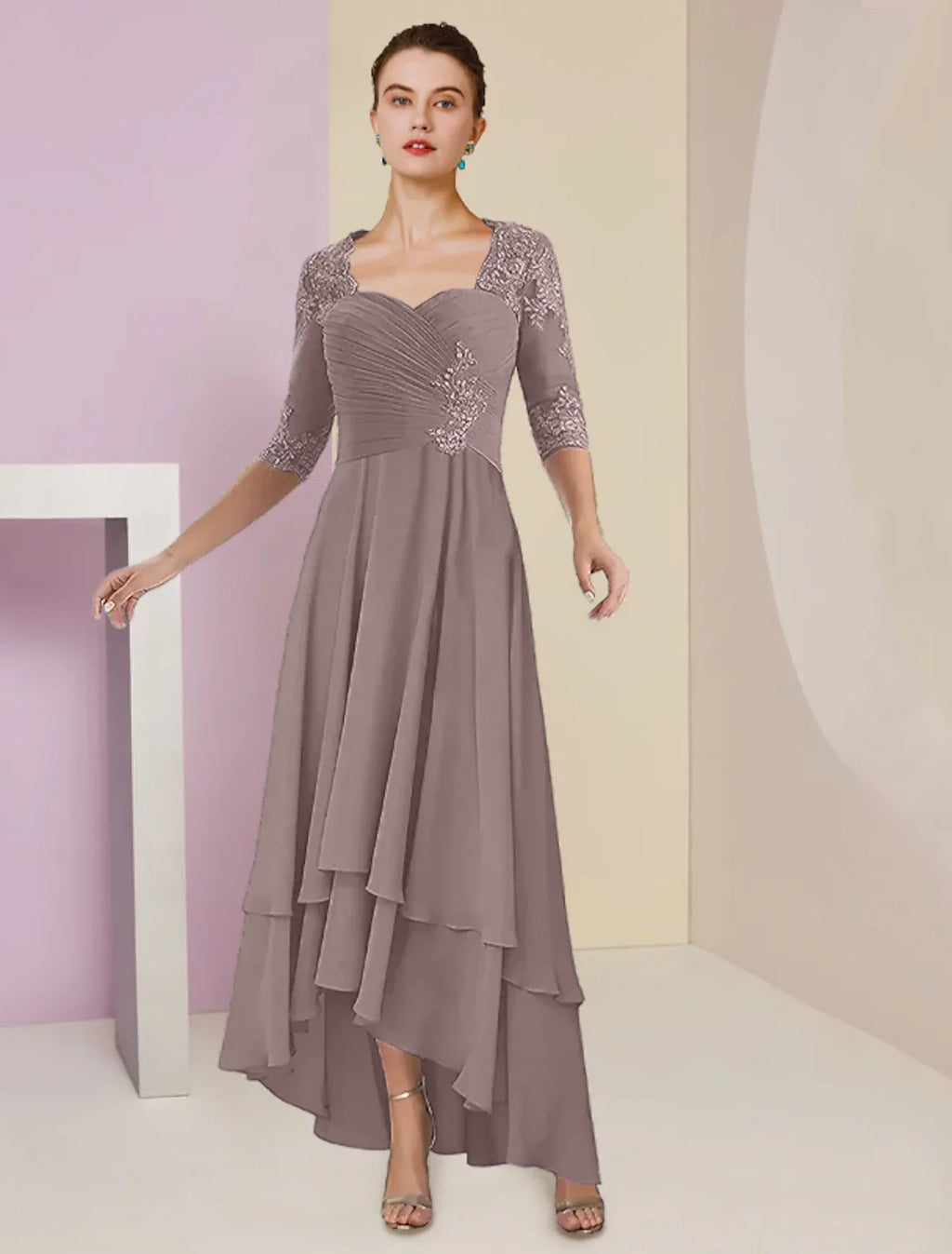 Two Piece A-Line Mother of the Bride Dress Formal Wedding Guest Elegant Square Neck Asymmetrical Tea Length 3/4 Length Sleeve Wrap Included with Ruched Tier Appliques
