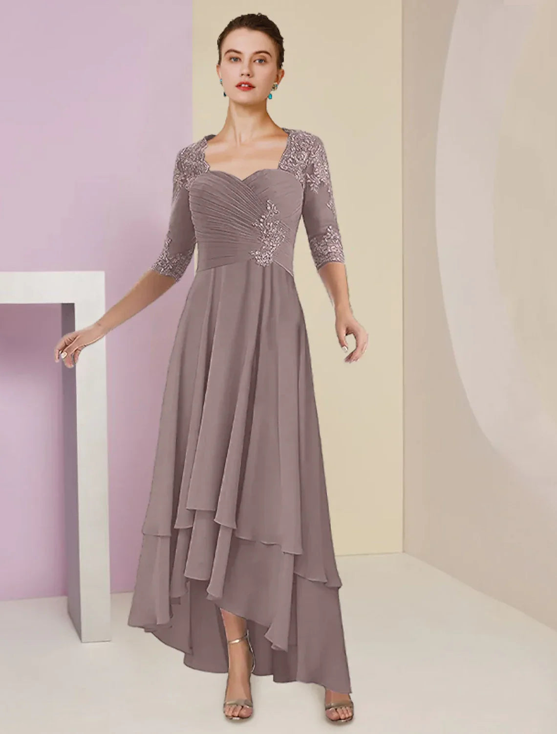 Two Piece A-Line Mother of the Bride Dress Formal Wedding Guest Elegant Square Neck Asymmetrical Tea Length 3/4 Length Sleeve Wrap Included with Ruched Tier Appliques