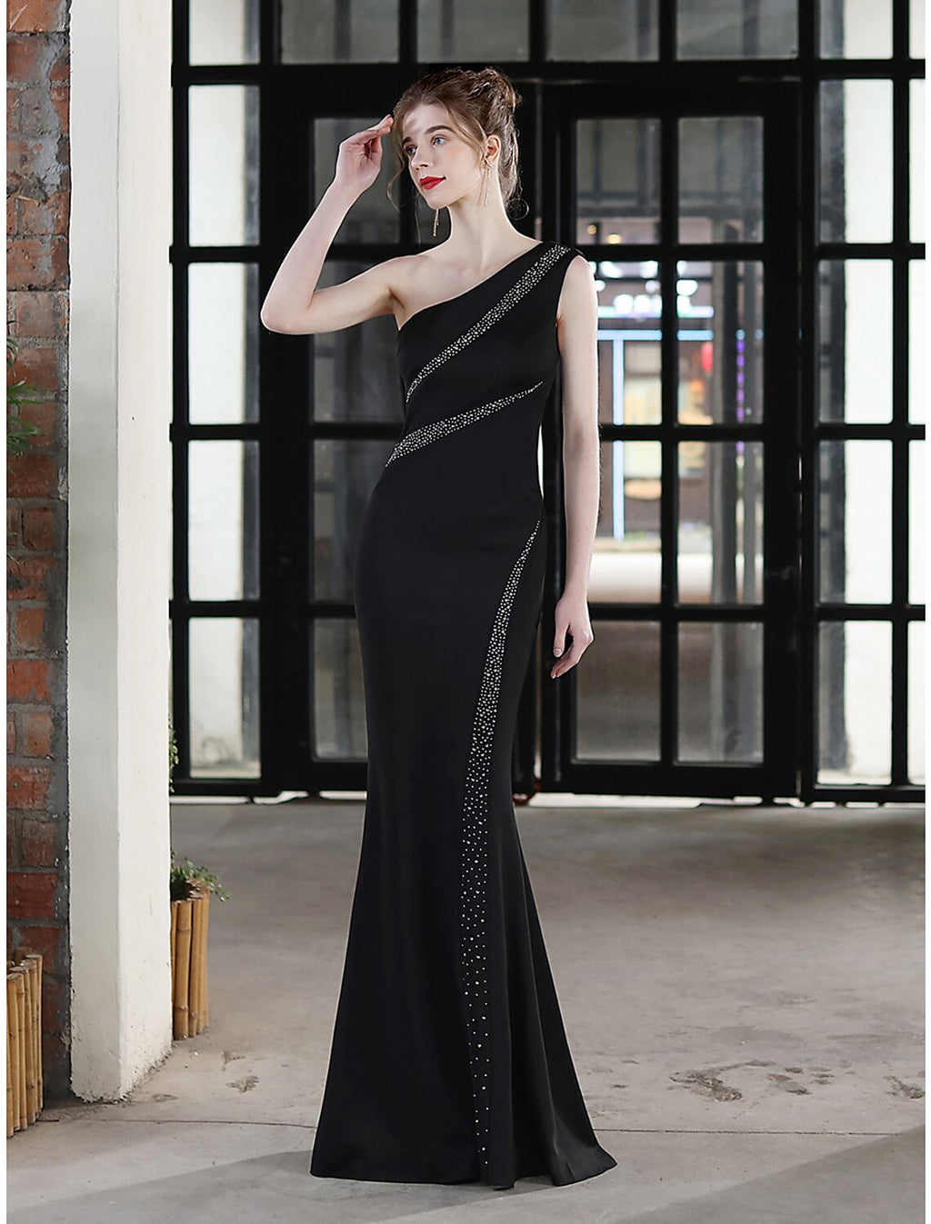 Evening Gown Sexy Dress Wedding Guest Floor Length Sleeveless One Shoulder with Crystals