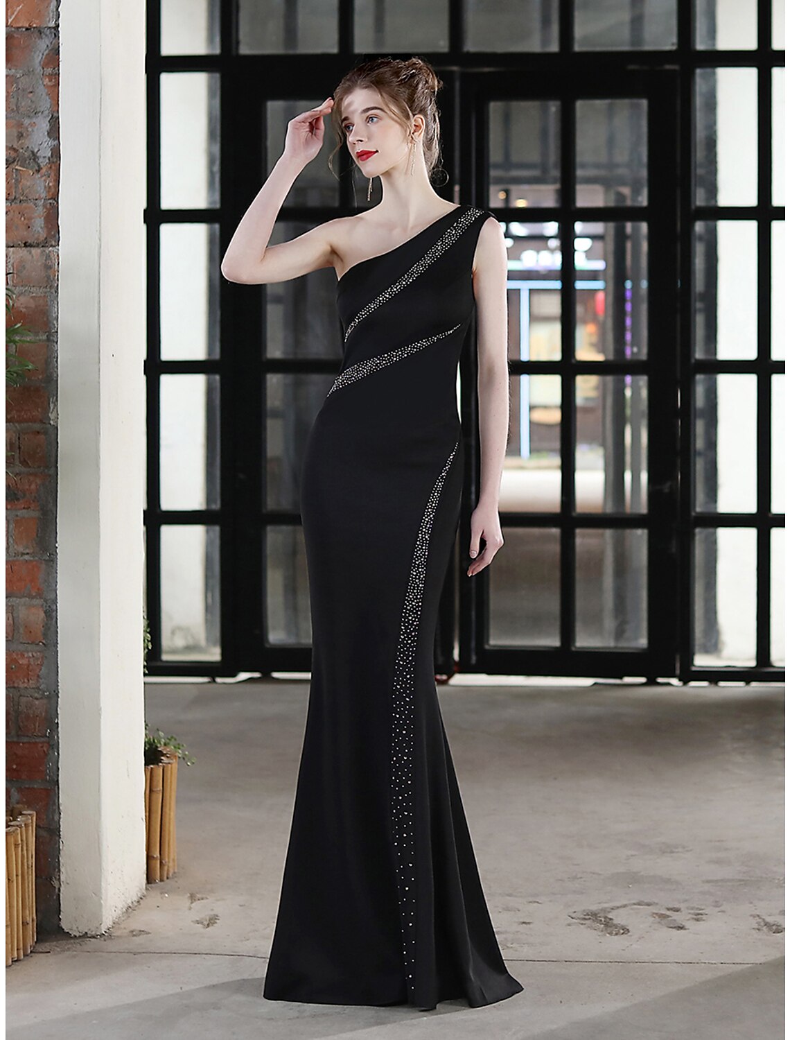 Evening Gown Sexy Dress Wedding Guest Floor Length Sleeveless One Shoulder with Crystals
