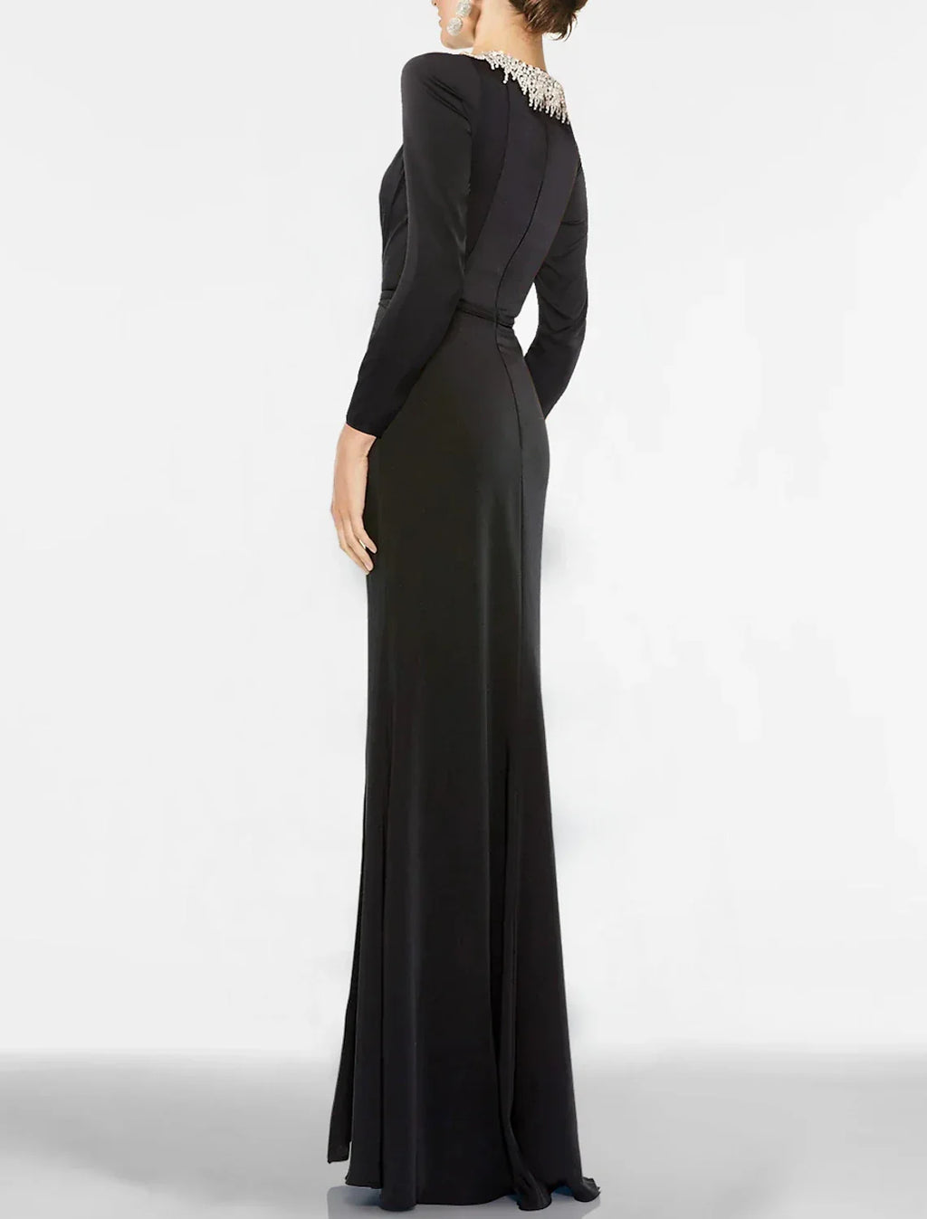 Black Mermaid / Trumpet Evening Gown Elegant Dress Formal Wedding Guest Floor Length Long Sleeve Jewel Neck Dress Fabric with Rhinestone Slit
