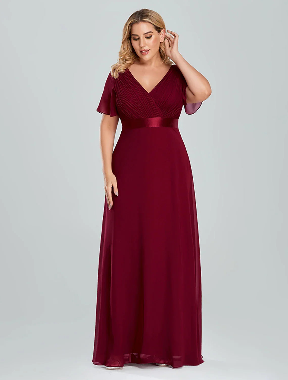 Empire Dress Wedding Guest Floor Length Short Sleeve V Neck with Pleats