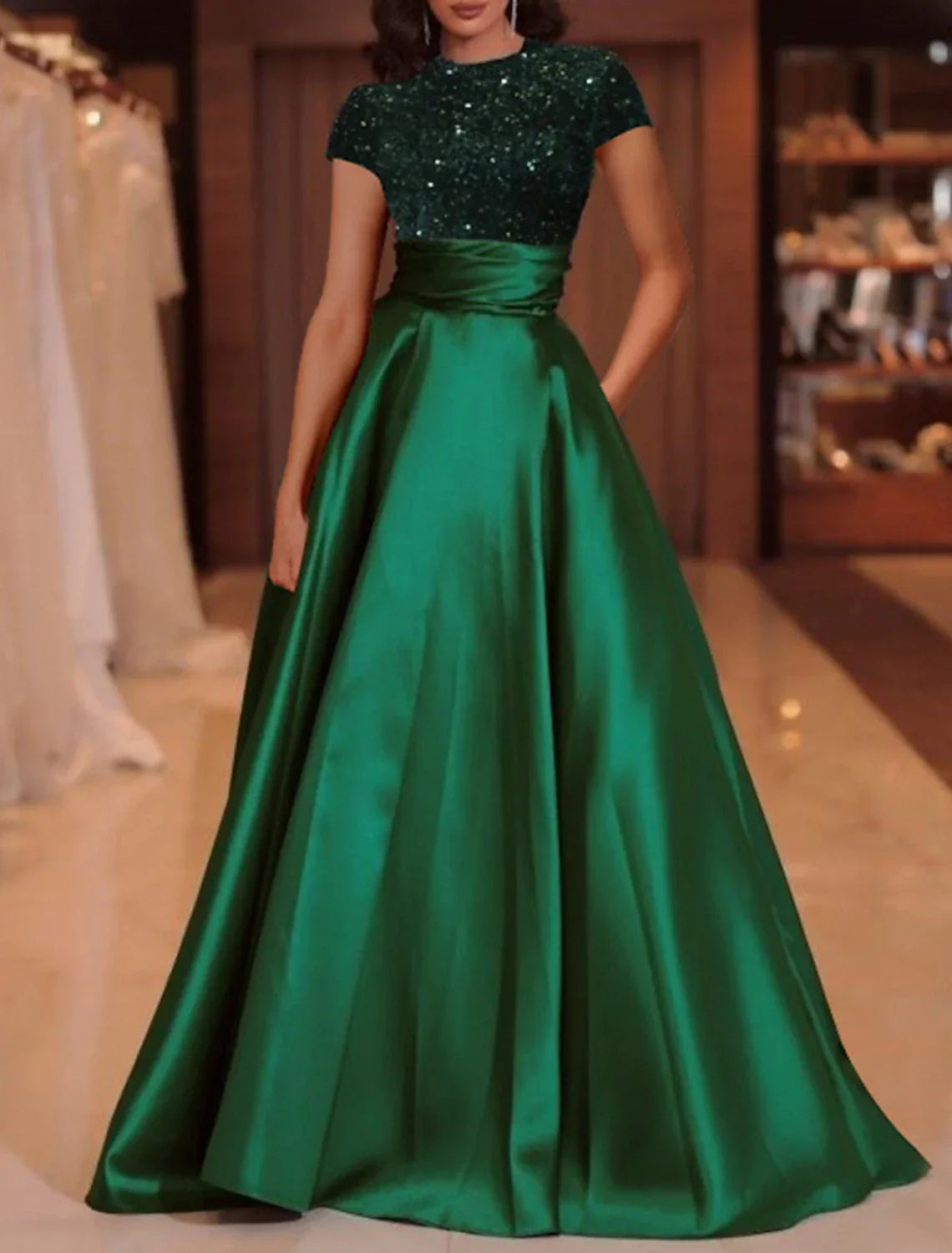 Evening Gown Elegant Dress Christmas Floor Length Short Sleeve High Neck