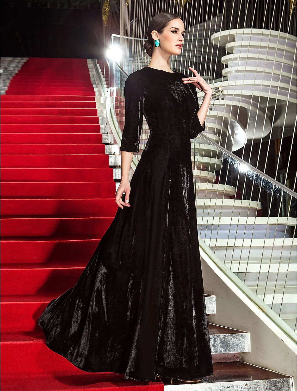 Vintage Dress Wedding Guest Formal Evening Floor Length 3/4 Length Sleeve Jewel Neck with Pleats