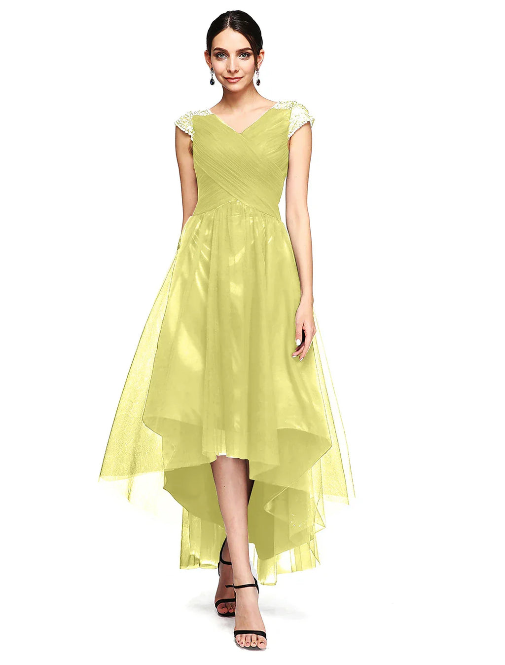 Special Occasion Dresses Open Back Dress Wedding Guest Asymmetrical Short Sleeve V Neck with Criss Cross Beading