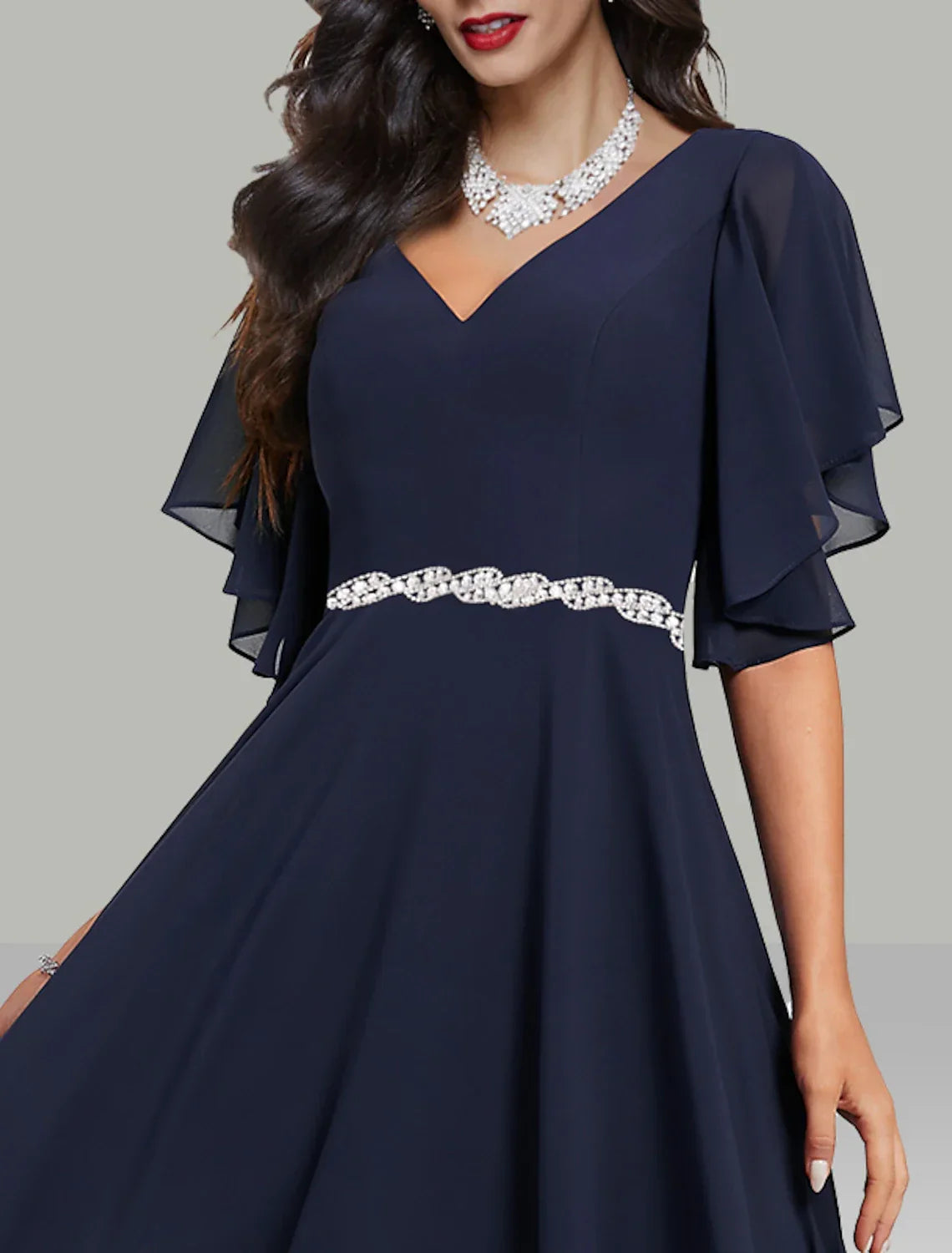 Wedding Guest Dresses Elegant Dress Cocktail Party Tea Length Short Sleeve V Neck Belt / Sash with Rhinestone Glitter Embroidery