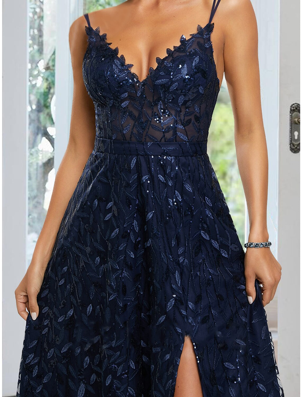 Evening Gown Floral Dress Formal Floor Length Sleeveless Spaghetti Strap with Slit Appliques