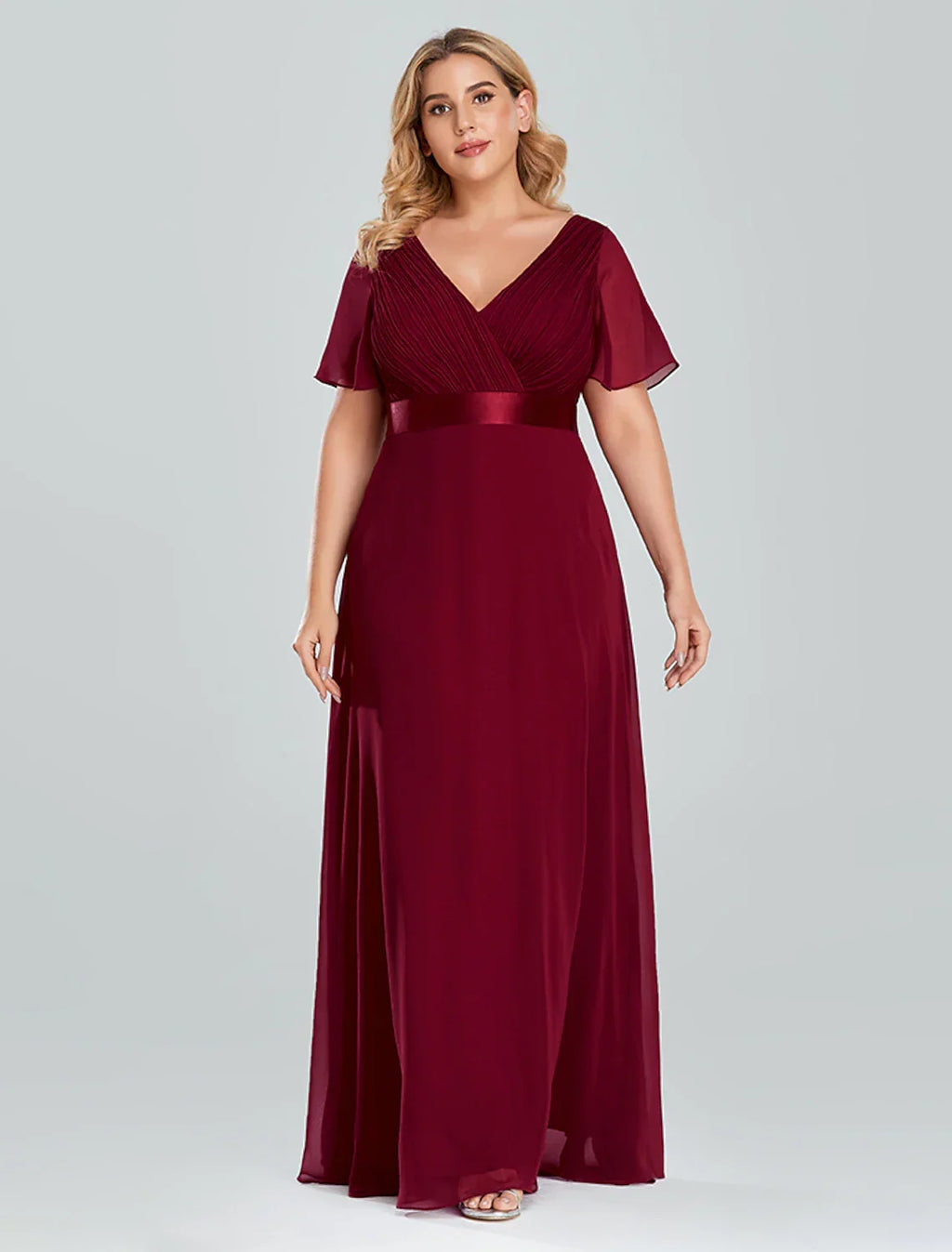 Empire Dress Wedding Guest Floor Length Short Sleeve V Neck with Pleats