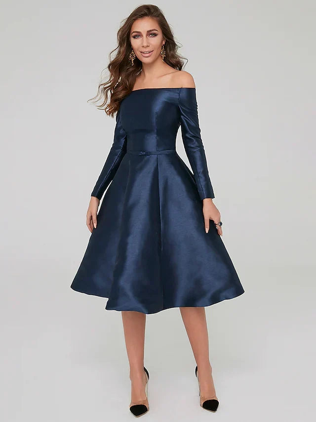 Wedding Knee Length Long Sleeve Off Shoulder with Pleats