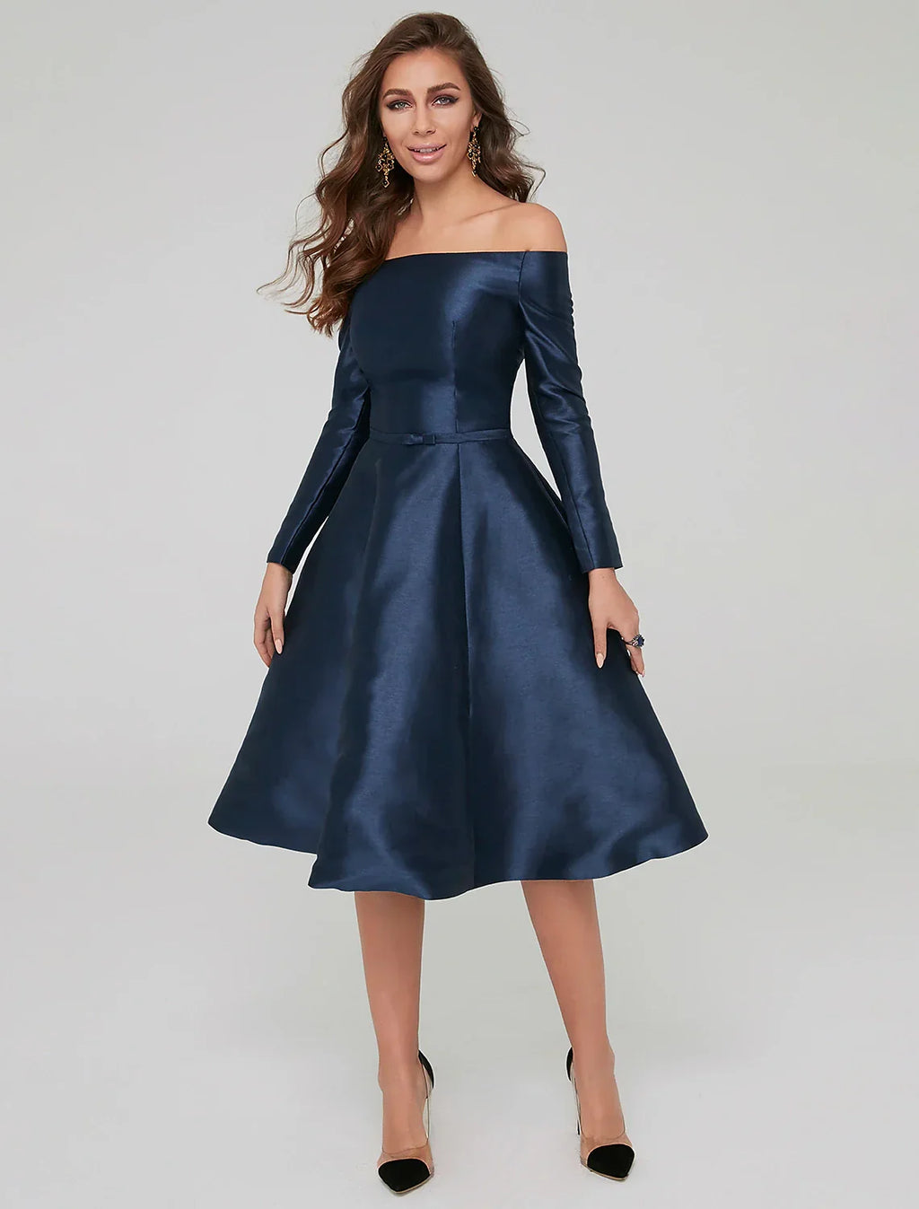 Special Occasion Dresses Party Dress Wedding Guest Knee Length Long Sleeve Off Shoulder with Pleats